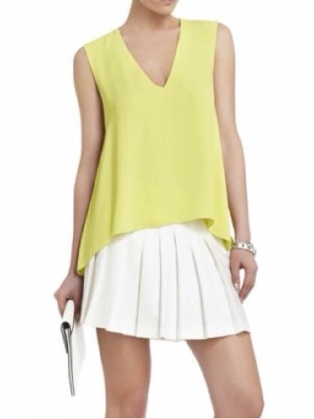 BCBG Y2K lime green silk blouse with V-neck and asymmetrical hem | Size XS